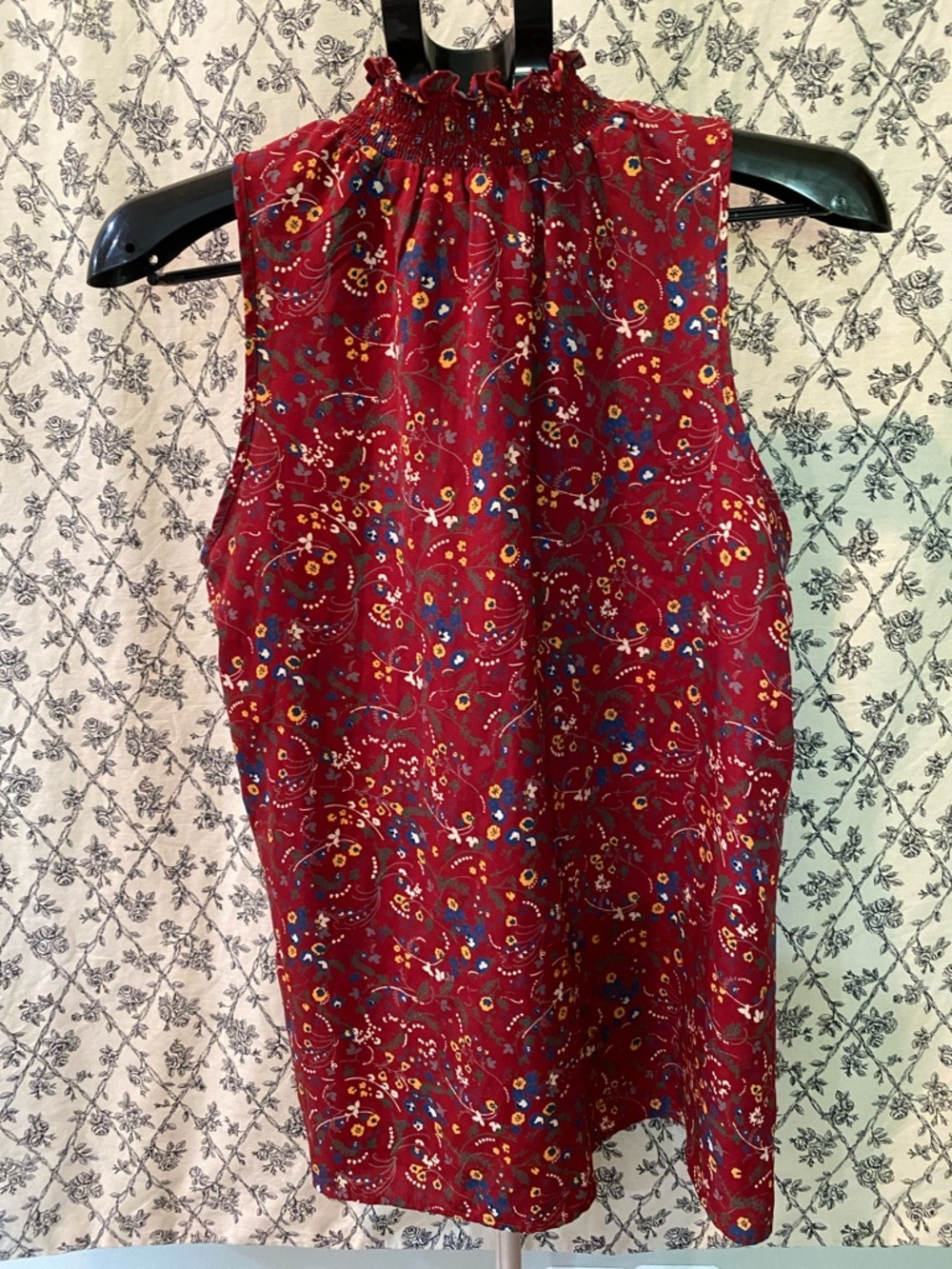 Soprano Red Floral Smocked Neck Sleeveless Top